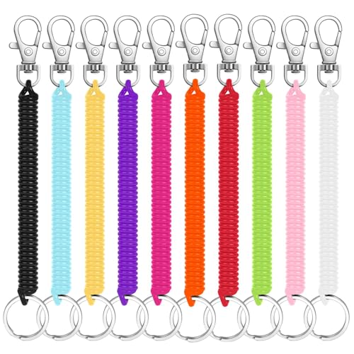 SinChic Cuerda de Pesca,10 Pack Llavero Espiral Elástico Multicolores Llaveros Plástico con Muelle Retráctil Alambre de Cuerda de Seguridad para Llaves Alicates Antorcha Trabajo Escolar 10 Colores