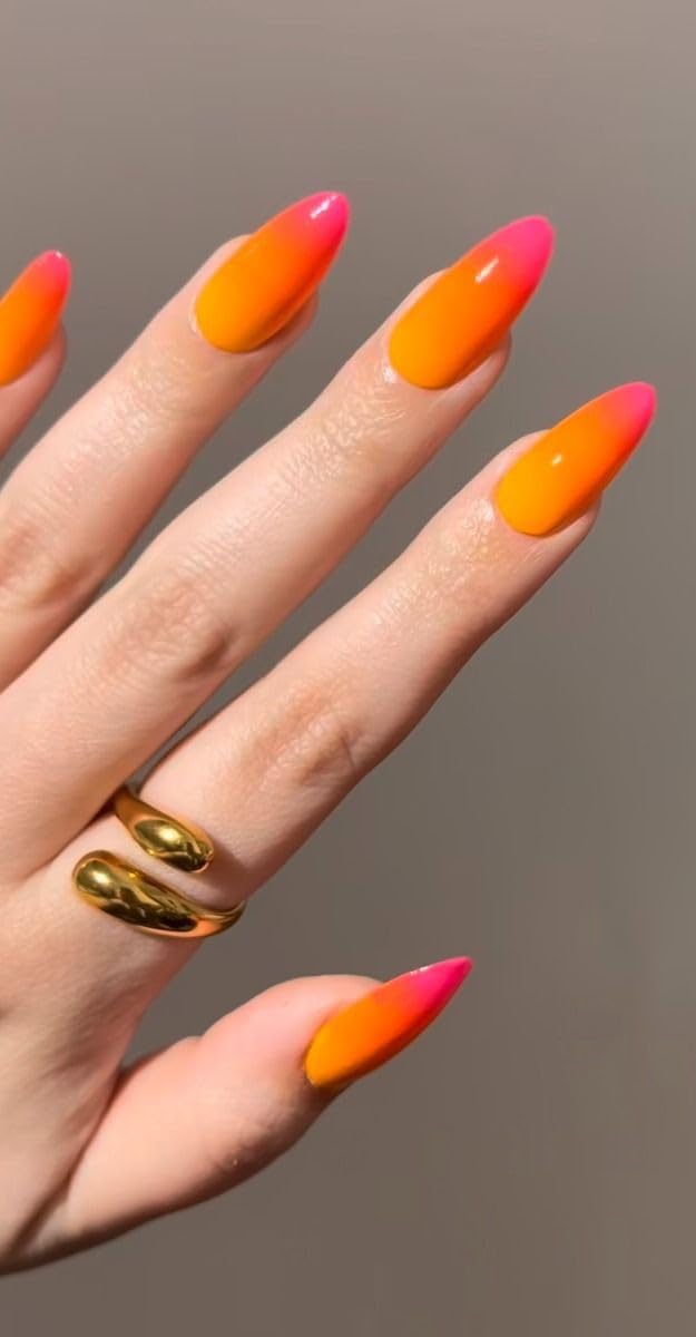 Artificial Nails: Glossy Orange,Pink Ombre/Shape Long Stiletto (Set of 12 with nail glue, nail file, cuticle pusher, cleaning wipe)-image-16