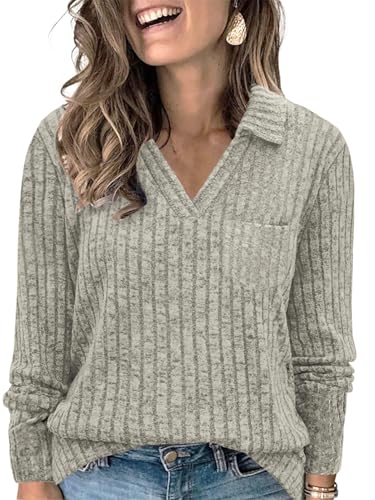 Image of VISLILY Womens-Plus-Size-Tops Collared V Neck Polo Shirts Lightweight Long Sleeve Sweaters Trendy Pocket Decor Tunic Blouses