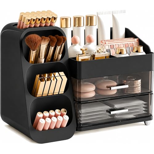 KQJS Makeup Organizer with Drawers Large Capacity Countertop Organizers for Vanity Bathroom and Bedroom Desk Cosmetics Organizer Easy To Storage Skincare Brushes Lotions Lipstick (Black)