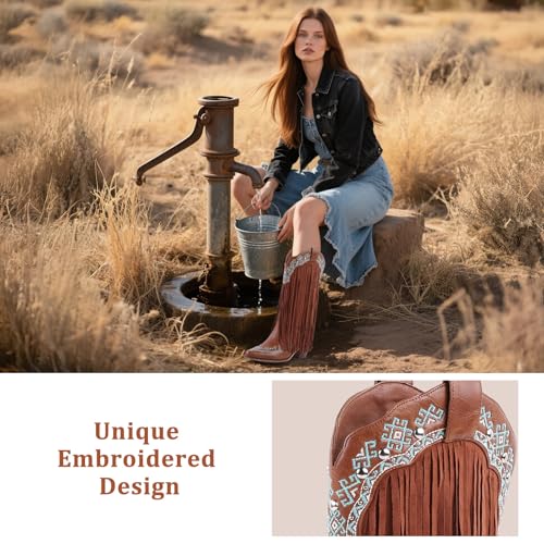 LingxiaUne Women's Fringe Western Cowboy Boots - Intricate Green Pattern Embellished Mid - Calf Boots4