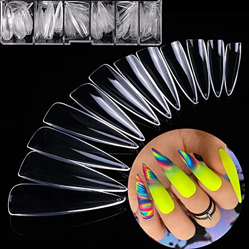 Nail Tips Stiletto, Long Stiletto Clear Nail Tips- 500Pcs Acrylic Elegant Nails Tips Full Cover False Artificial Nails with Case for Home Salons Practice DIY Art