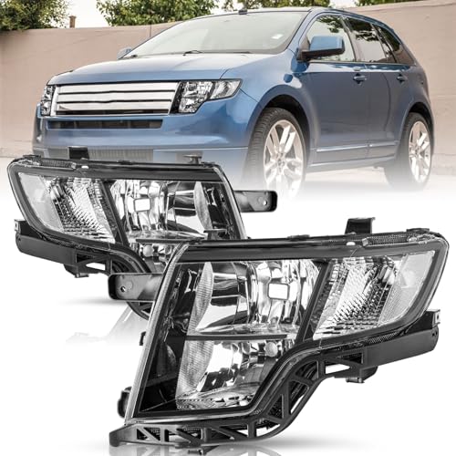 TUSDAR Upgraded Lens Headlight Assembly Set for 2007-2010 Ford Edge Halogen Headlamp Black Housing with Clear Reflector (Bulbs Included)