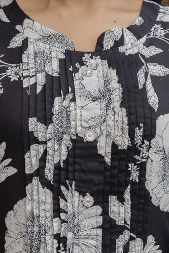 Image of NIVANA Floral Printed Kurta with Pant & Stripe Printed Dupatta | 3 /4 Sleeves | Round Notch Neck Button Detail