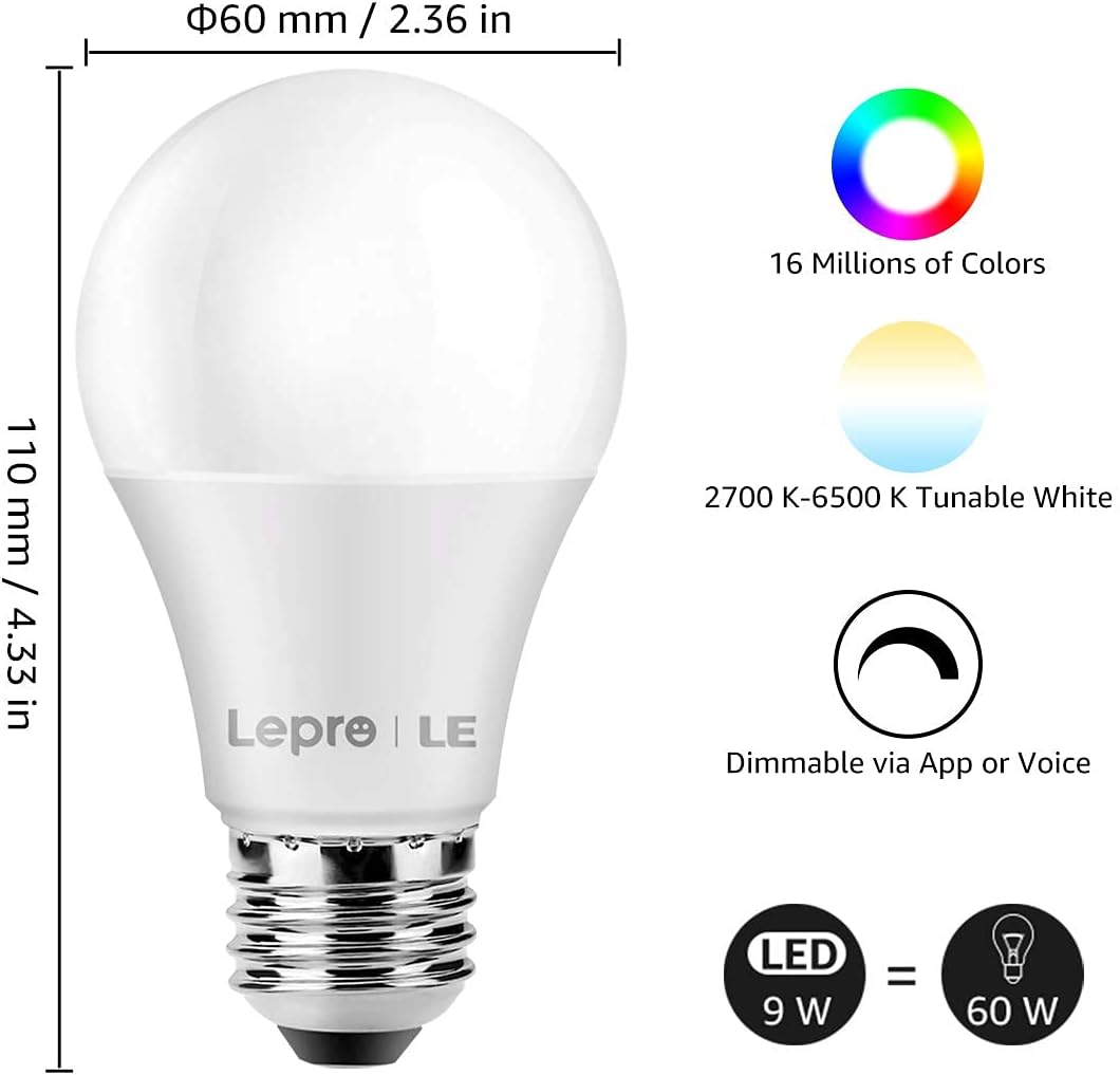 Smart WiFi Light Bulbs, LED Color Changing Lights, Works with Alexa & Google Assistant, RGBW 2700K-6500K, 60 Watt Equivalent, Dimmable with App, A19 E26, No Hub Required, 2.4GHz WiFi Only, Pack of 4