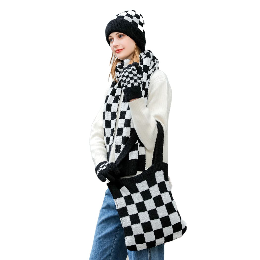 Photo 1 of 4PCS Womens Winter Warm Fleece Checkered Knit Beanie Hat Scarf Gloves Handbag Set. Black
