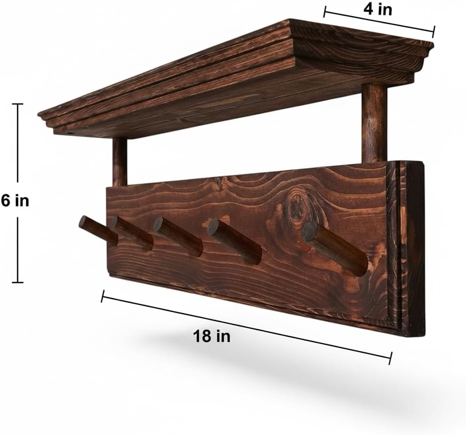 Matías Coat Rack Wall Mount with Shelf, 18 Inch Solid Wood Peg Rail, Wall Mounted Coat Rack with 5 Hooks, Wall Mount Shelf for Entryway, Bathroom or Bedroom (Walnut)
