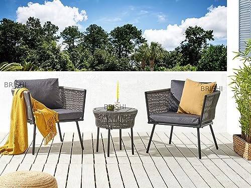 Image of BRISHI Garden Patio Seating Chair and Table Set Outdoor Balcony Garden Coffee Table Set Furniture with 1 Table and 2 Chairs Set with Cushion (Grey)