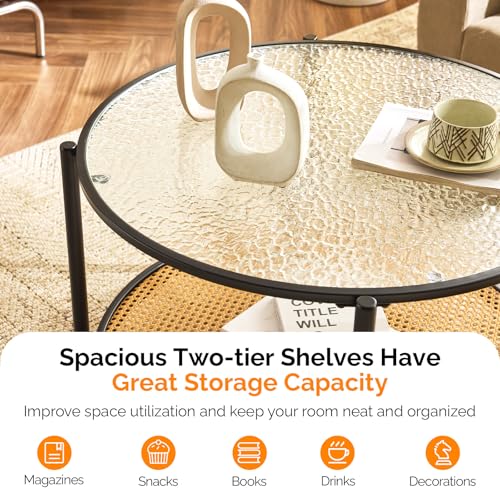 Image of VINGLI 30 inch Round Coffee Table with Rattan Shelf, Glass Coffee Tables for Home Decor, Modern Coffe Table with 2-Tier Storage, Circle Center Table for Living Room, Office, Small Space, Black