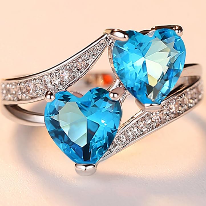 Silver Plated Double Heart Cut Created Blue Topaz Cubic Zirconia Filled Engagement Wedding Proposal Promise Twisted Band 2-Stones Love Ring for Women Lovers3