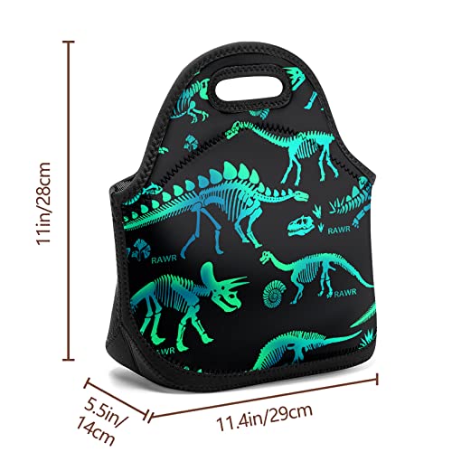 Dacawin Kids Lunch Box Green Dinosaur Skeletons Leakproof Cooler Lunch Bag Reusable Insulated Lunch Tote Bag Washable Durable Food Handbags For Travel Work School Picnic #TOP4