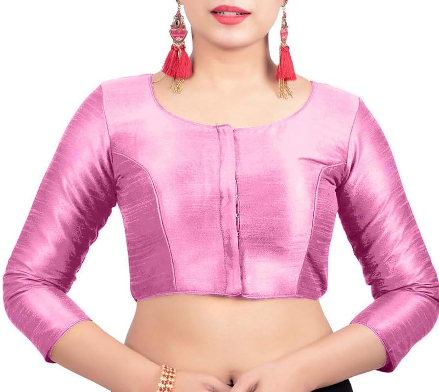 Dupion Solid Saree Readymade Blouse Round Neck Top 3/4 Sleeve Front Hook & Eye Closure Choli Sari