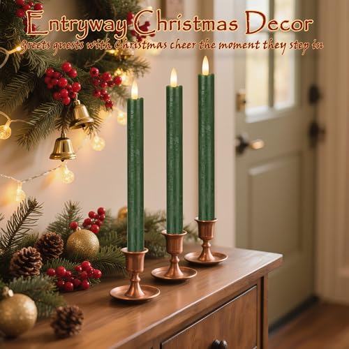 Image of JOIONE Green Flameless Taper Candles with Remote, 3 Pack Christmas Decor | Battery Operated LED, Real Wax, Remote Control, Warm Flickering Glow, Safe Christmas Home & Party Decor