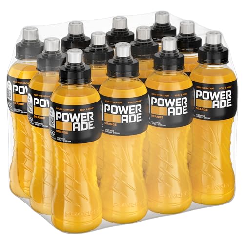 Powerade Orange Sport Drink - 12 botellas de 500 ml, bebida isotónica, botella ergonómica PET 100% reciclable con tapón deportivo, solución de carbohidratos y electrolitos