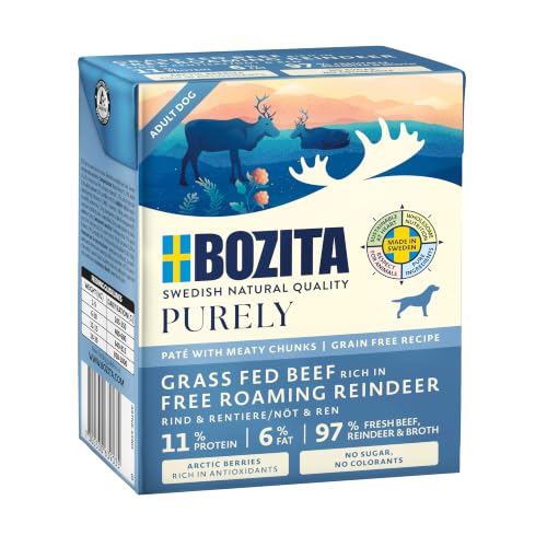 Bozita Purely 6 x 370g Rind & Rentier im Tetra | Getreidefreies Nassfutter für Hunde | Sehr Hoher Fleischanteil | mit Fleischstückchen | ohne Zucker & ohne künstliche Farbstoffe