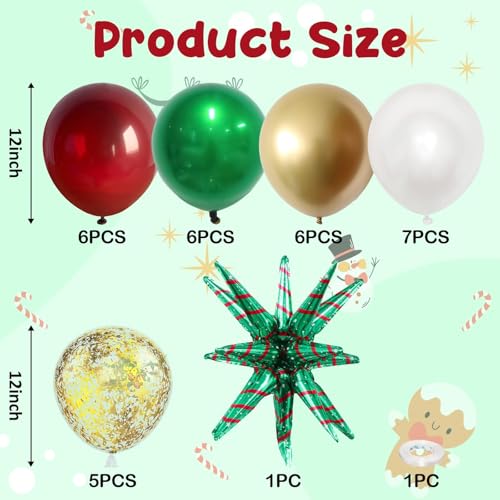 Red and Green Christmas Balloons Kit, Dark Red Green Metallic Gold Confetti Balloon with Christmas Explosion Star Helium Mylar Foil Balloons Set for Xmas New Year Birthday Party Decorations - Image 4