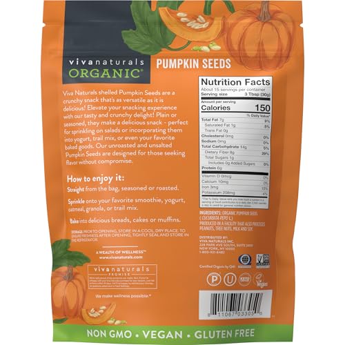 Viva Naturals Organic Pumpkin Seeds - Shelled, Unroasted & Unsalted Pumpkin Seeds Organic, Perfect for Salads, Trail Mix & Baked Goods - Good Source of Iron & Dietary Fiber - 1 lb (16 oz / 454 g) - image 7