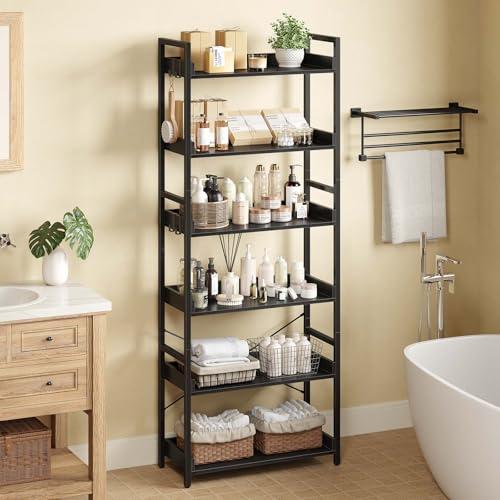 Holzregal Rolanstar mit 6 Ebenen und 4 Haken, Standregal im Industriestil