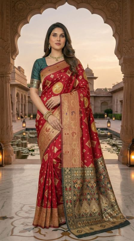Image of C J Enterprise Women's Pure Soft Silk Saree With Blouse Piece For Wedding (Diamond-Patola)
