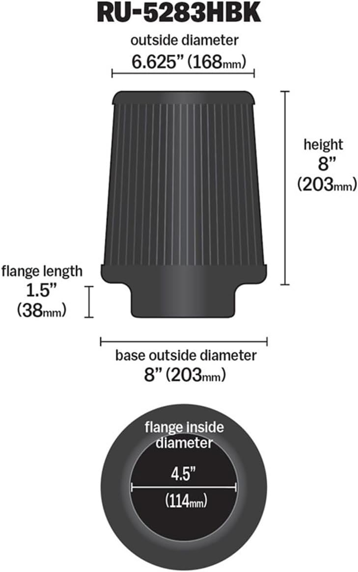 K&N Dryflow Lifetime Universal Clamp-On Air Filter: Dry Synthetic, Washable, Oil-Free: Flange Diameter: 4.5 In, Filter Height: 8 In, Flange Length: 1.5 In, Shape: Round Tapered, RU-5283HBK