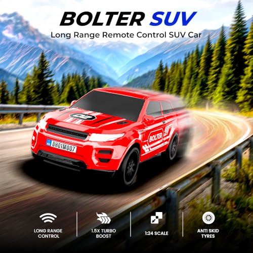 Image of Mirana Bolter SUV Remote Control RC Car for Kids | 1:24 Scale Racing Toy | with 1.5X Turbo Boost, LED Lights & Anti Skid Tyres | USB Type-C Rechargeable | Gift for Boys & Girls 4+ Years, Red