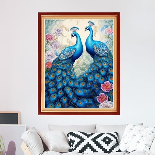 Image of Foxdiviy Stamped Cross Stitch Kits for Beginners Full Range of Cross Stitching 11 CT Printed Cross Stitch Kits for Adults Cross Stitch Patterns Needlepoint Kits- Blue Peacock Couple 16x20 inch