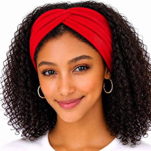 Womens Stretchy Knotted Twist Soft Cotton Headbands Solid Colour Non-Slip Fashion Sports Hair Bands for Women Yoga Workout Running (Red 1 Size)
