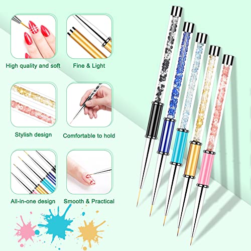 5 Pcs Nail Art Liner Brushes Set,Brush Nail Design Drawing Pen Ultra Fine Tip(5/7/9/10/17Mm) With Acrylic Rhinestone Handle,3D Painting Decorative Nail Tools For Home Diy And Salon #TOP5