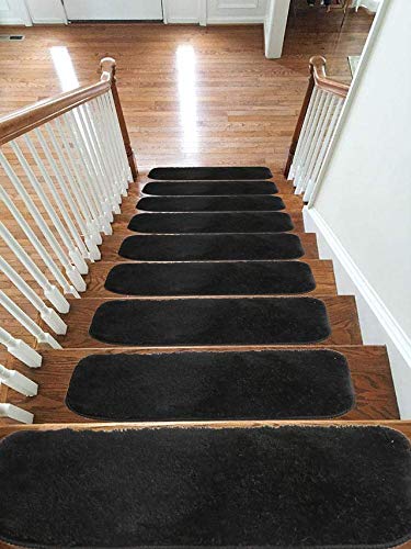 emmahome New Luxury Microfiber Soft Carpet Stair Treads NON-SLIP MACHINE WASHABLE Mats/Rugs, 20x55cm (Black, 15)