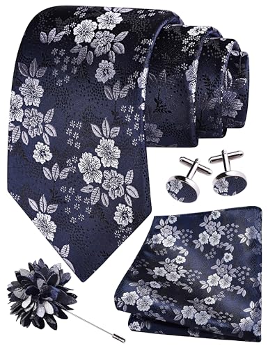 Image of GUSLESON 3.15 inch(8cm) Mens Floral Tie and Lapel Pin Necktie Hankerchief Cufflinks Set for Men