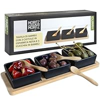 Moritz & Moritz 7 pz. Serving Set Bay Leaf - ciotole in ceramica vassoio in ardesia e cucchiaio di bamb&ugrave; - per salse snack antipasti dessert