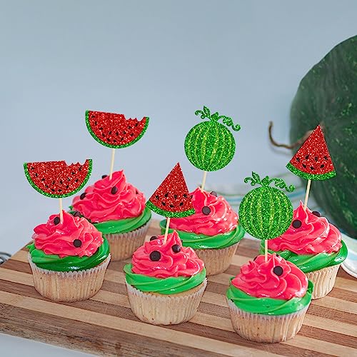 24Pcs Watermelon Cupcake Toppers One in a Melon Cupcake Picks Watermelon Fruit Cake Topper decorations for Baby Girl Birthday Party Cake Decorations Supplies