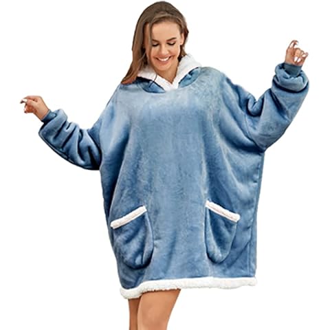RONGTAI Oversized Wearable Blanket With Big Pockets,Soft Plush Sweatshirt Hooded Popular Wearable Blanket,One Size Fits All…, Blue, One size Cover