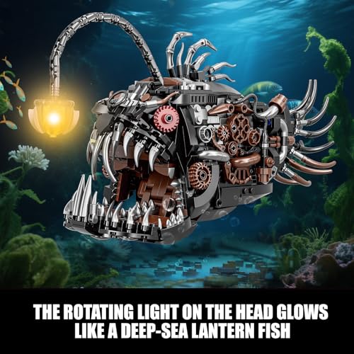 Image of Mechanical Angler Fish Building Set with Light, Creative Ocean Lantern Fish Animal Toy for Home Office Decor, Compatible with Lego Shark, STEM Gift for Adults Teens Boys 8-14+ (1038 PCS)