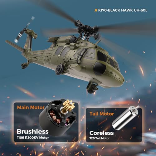 Image of CKYSCHN UH60L Black Hawk RC Helicopter Brushless - 4CH K170 Remote Control Helicopter with 6-Axis Gyro, 2.4G RC Aircraft for Adults Outdoor & 3 Batteries