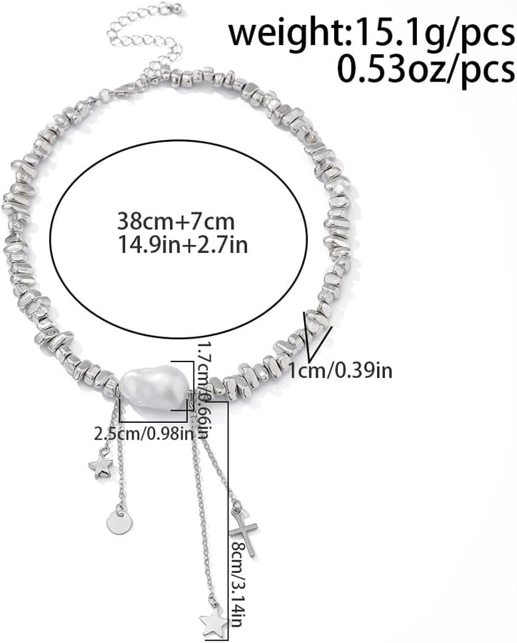 Chunky Baroque Pearl Tassel Choker,Silver Irregular Chain Pearl Statement Necklace,Geometric Bead Chain Fringe Short Necklace Y2k Jewelry - Image 4