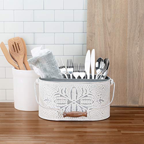 Craftsman Road Distressed White Metal Caddy – Farmhouse Galvanized Kitchen Organizer With Handle – Vintage Rustic Multi-Compartment Holder For Napkins, Plates, Cutlery, Flatware thumb #1