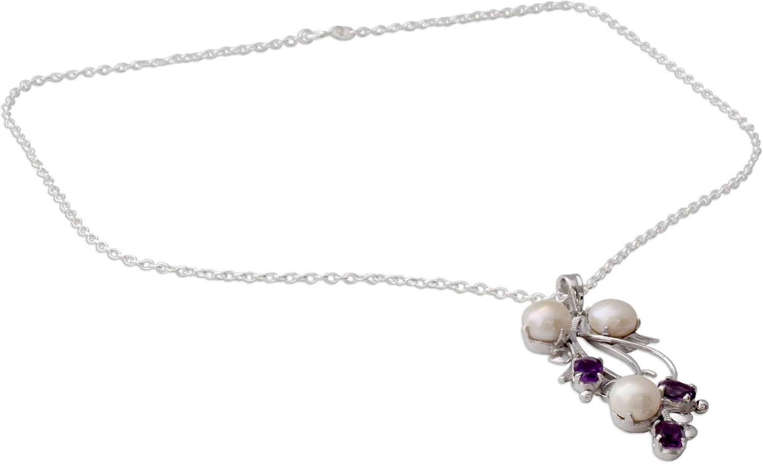 NOVICA Artisan Handmade Amethyst Cultured Pearl Pendant Necklace in Silver with Amethysts Pearls Sterling Rhodium Plated Freshwater Purple White India Birthstone [18 in L 2 mm W Pendant(s) 2 in L x 0]