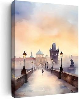 STRRAW Quote Canvas Wall Art,Charles Bridge Prague Watercolor Art Print,Urban Prague Scene Watercolor Poster For Bedroom Home Decor Stretched And Framed Ready To Hang~16"X24" Canvas Print With Frame