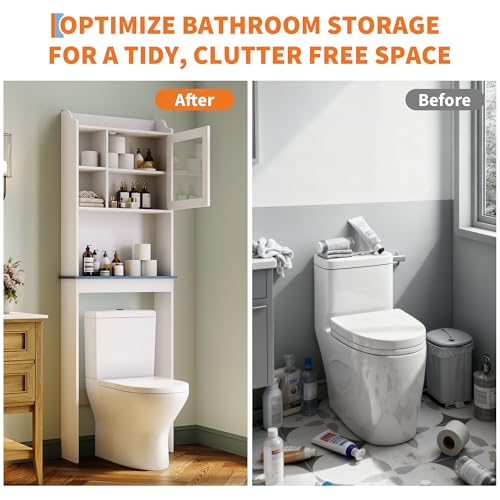 Garvee Mueble De Baño Independiente sobre El Inodoro con Estantes Ajustables, Puertas De Vidrio Templado, Estante De Baño De MDF Blanco Que Ahorra Espacio, Mueble De Baño Moderno Resistente Al Agua. - imagen 5