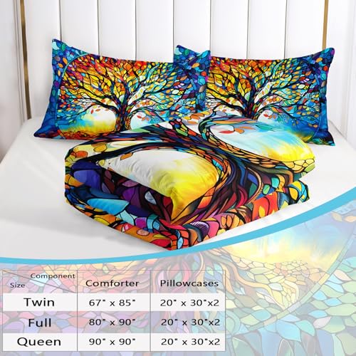 Image of AILONEN Colorful Tree of Life Comforter Set Queen Size,Oil Painting Tree Art Aesthetic Bedding Set,Soft Boho Comforter with 2 Pillowcases,3Pcs