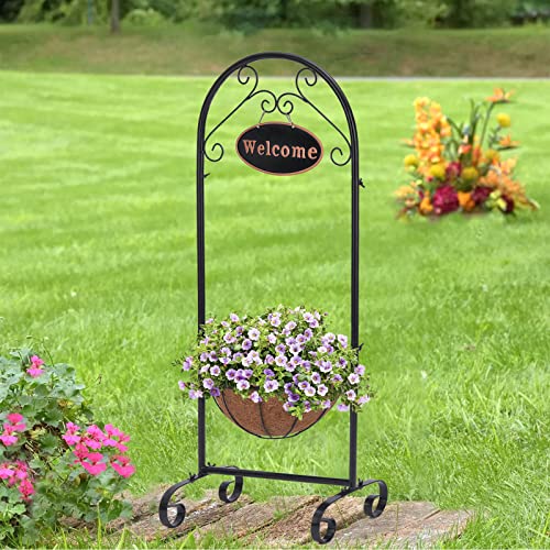 Bayn Metal Welcome Planter Basket Stand With Coco Liner, 39.5” Hanging Planter Stand With Decorative Welcome Sign Outdoor Decor For Garden, Patio, Deck, Entry And Front Porch #TOP5