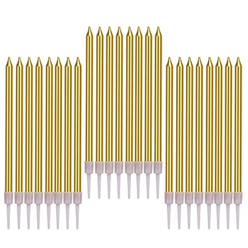 Birthday Cake Candles, 24 Pcs Golden Cake Candles, Long Thin Birthday Candles for Birthday, Party Candles (5.3 x 0.2inch)