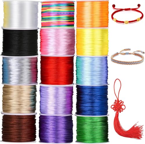 1.5mm Nylon String for Bracelets, BetterJonny 15 Rolls 630Yards Satin Rattail Silk Chinese Knotting Cord Silky Nylon Beading String Thread for Kumihimo Macrame Jewelry Making Friendship Bracelets