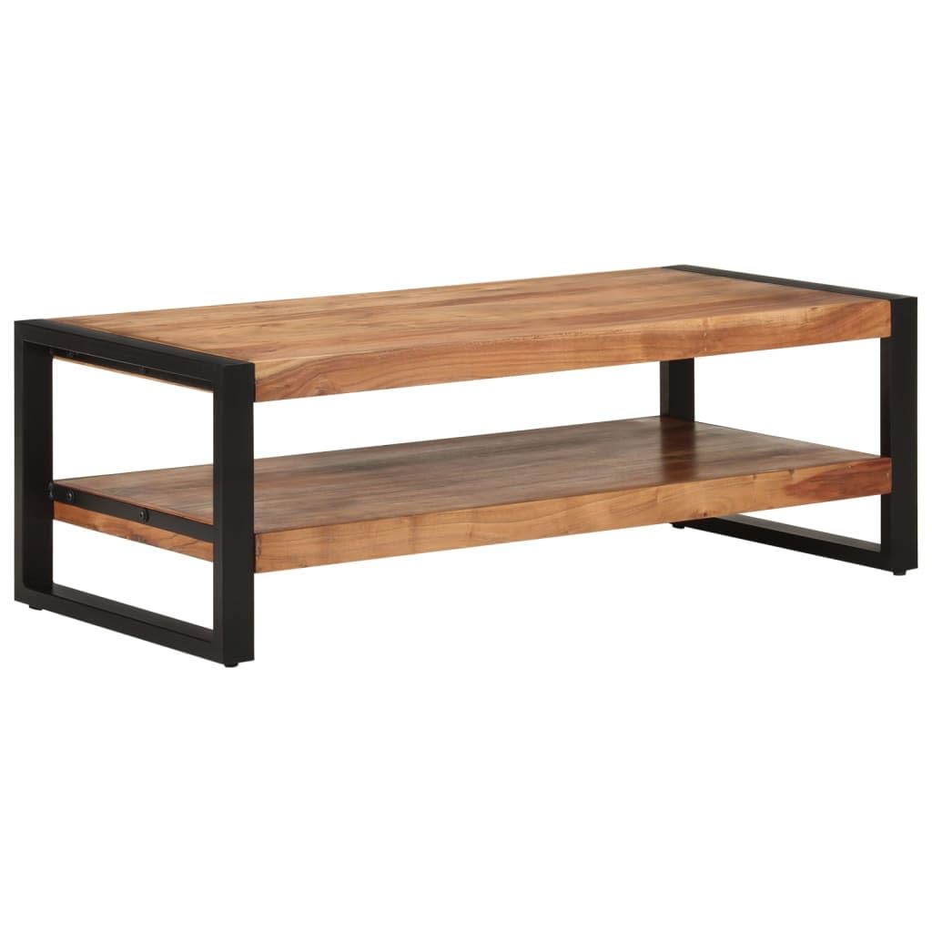Table basse en bois d'acacia 120x55x40 cm avec pieds en métal noir et étagère de salon
