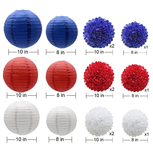 Image of KAXIXI 15-Piece 4th of July Decorations, Pom Poms & Paper Lanterns
