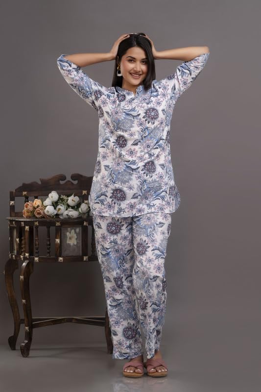 Image of Pure Cotton Printed Night Suit Top and Pyjama Set for Women's Night Dress of Shirt & Pyjama Set for Womens