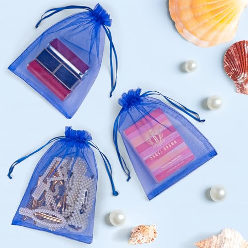 Image of ANZNKU 50 Pack Royal Blue Organza Bags 5x7 Inch, Small Mesh Bag Drawstring Mesh Gift Bags Jewelry Pouches for Baby Shower, Easter Gifts, Birthday Party Favors