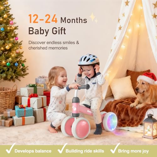 Image of Colorful Lighting Baby Balance Bike Toys for 1 Year Old Girl Gifts, Balance Bike 1 Year Old No Pedal, 12-24 Months Toddler Ride on Toys with 4 Silent Wheels & Soft Seat, 1st Birthday Gifts, Pink