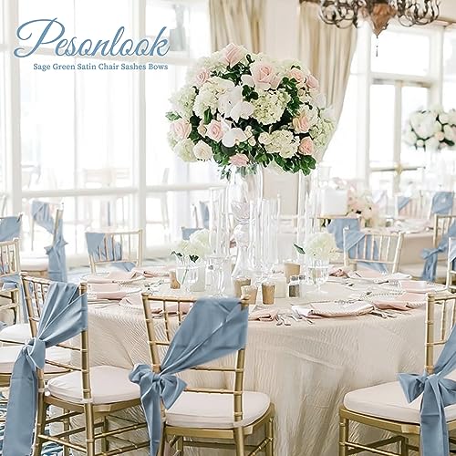 Pesonlook 120PCS Dusty Blue Satin Chair Sashes Bows,Satin Chair Sashes for Wedding Reception Events Banquets Party, Hotel Event, Chairs Decoration(7 x 108 inch)